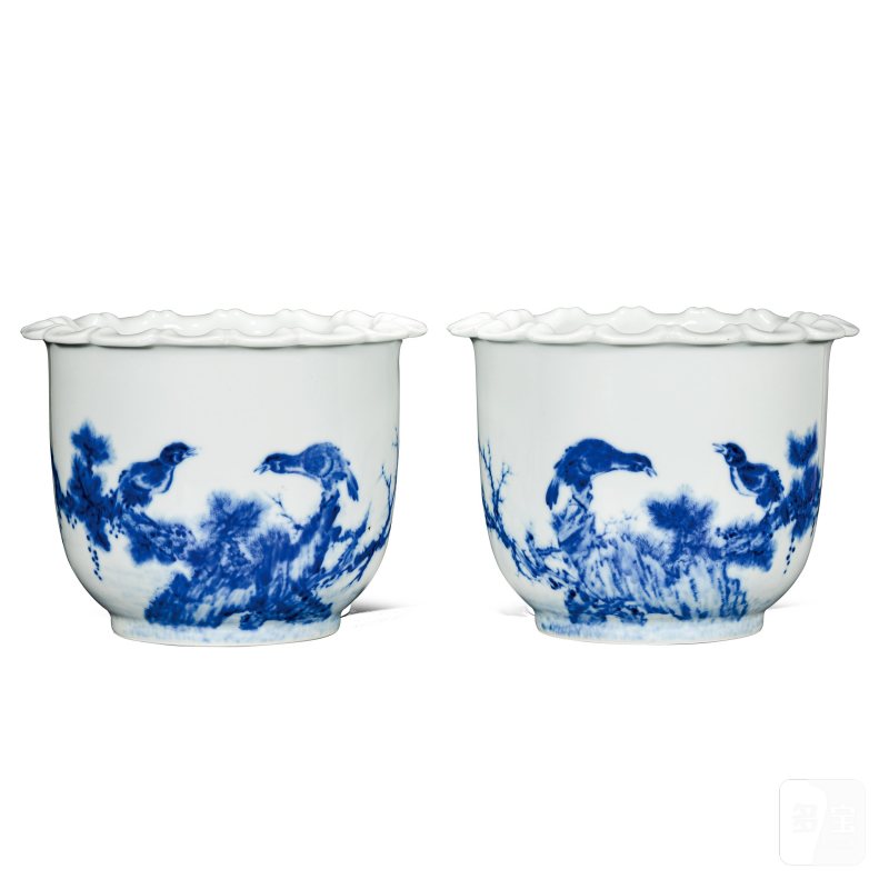民国 王步风格青花花鸟纹花口花盆一对
